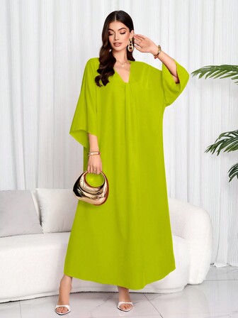 春夏时尚优雅纯色V领蝙蝠袖阿拉伯风格女式连衣裙