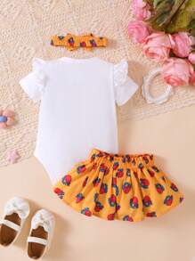 H HIBOBI 3件套女婴玫瑰印花短袖连体衣、连衣裙和发带套装，春夏款 - 黃色 - 查看 3