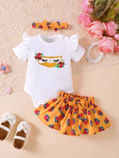 H HIBOBI 3件套女婴玫瑰印花短袖连体衣、连衣裙和发带套装，春夏款