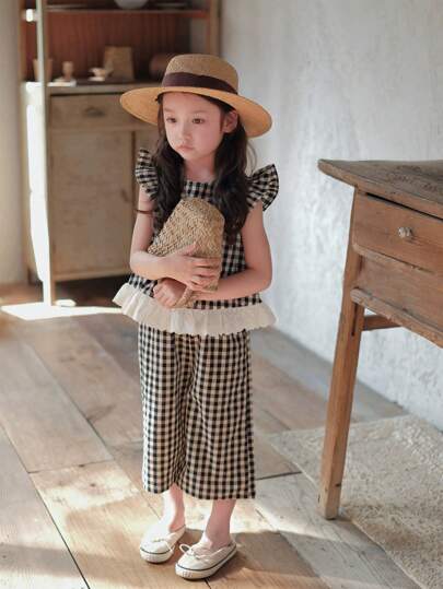 Humor Bear 2pcs/Set Young Girl Casual Plaid Cap Sleeve Top & Long Pants Set, Summer