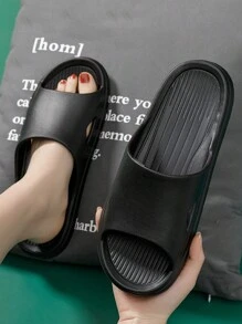 Women's Fashionable Versatile Casual Soft Minimalist Design Black Matte Quiet Thick Sole Non-Slip Odor-Resistant EVA Material Slip-On House Slippers, New Bestseller Of All Seasons