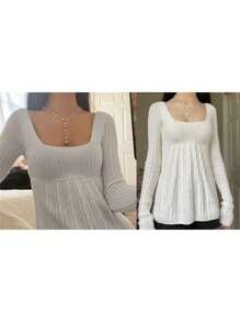 Women's Cable Knit Tops Long Sleeve Square Neck Solid Color Loose Fit T-Shirts Sweaters - 白色 - 查看 2