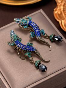 1 对复古法式设计精致鳄鱼形水晶镶嵌耳环，高端优雅女士耳环