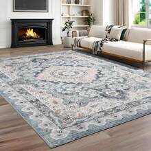 Low Pile Washable Rugs For Living Room, Faux Wool Vintage Rug For Bedroom Dining Room Home Decoration - 藍白色 - 查看 4