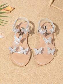 Girls Sandals For Summer, Butterfly Decor, Round Toe Flat Exposed Toe Princess Roman Shoes, Suitable For Outdoor, Shopping, Beach Travel