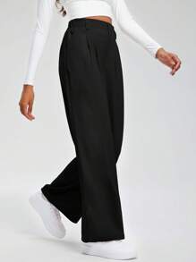 A AGROSTE Women's Wide Leg Pants, Waffle Knit Pants, Elastic High Waisted Casual Slacks, Work Business Palazzo Trousers With Pockets - 黑色 - 查看 3