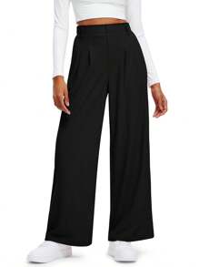 A AGROSTE Women's Wide Leg Pants, Waffle Knit Pants, Elastic High Waisted Casual Slacks, Work Business Palazzo Trousers With Pockets - 黑色 - 查看 1