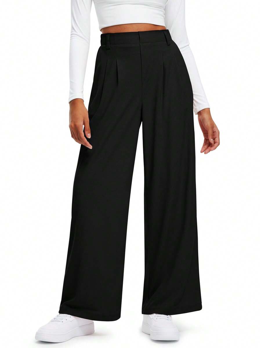 A AGROSTE Women's Wide Leg Pants, Waffle Knit Pants, Elastic High Waisted Casual Slacks, Work Business Palazzo Trousers With Pockets - 黑色 - 查看 1