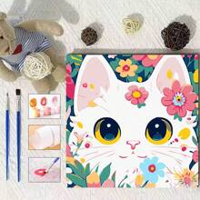1 套 20*20 厘米卡通动物可爱小猫花朵帆布油画套装，配有编号图案、颜料、画笔，非常适合初学者和成人墙面装饰、家居装饰和节日礼物 - 20*20cm - 查看 7