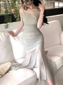 Summer Mesh Spaghetti Straps Asymmetric Mermaid Dress Elegant Plain Corset Evening Party Robe Women Vacation Clothes,Bridesmaid Dress - Grey - View 2