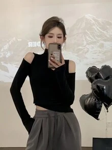 高领镂空肩针织T恤，女士修身长袖汗衫，秋冬季 - 黑色 - 查看 6