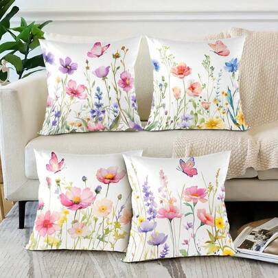 4pcs 45*45cm Wildflower Pattern Decorative Pillow Covers, Colorful Floral Design Cushion Covers, Soft Peach Velvet Square Pillow Shams, Suitable For Party Decor, Birthday Gift, Home Decor, Room Decor, Chair Decor, Living Room Decor, Spring Gift, Pillow Insert Not Included