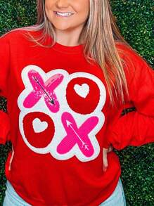 Womens Valentines Day Sweatshirts Long Sleeve Round Neck Letter Patchwork Pullovers Oversized Tops