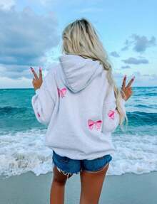 Y2k Hoodies For Women Teen Girls Bow Embroidery Graphic Loose Oversized Hooded Sweatshirts Vintage Floral Sweater Pullover Jumper Tops - Grey - View 3