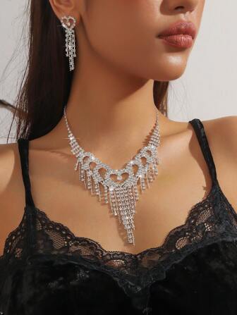 3pcs/Set Rhinestone Heart & Tassel Design Necklace And Earrings Jewelry Set, Fashionable Elegant Accessories Suitable For Women's Daily, School, Date, Wedding, Party And Valentine's Day Gift,Mom,Mother,Mother's Day,Gift