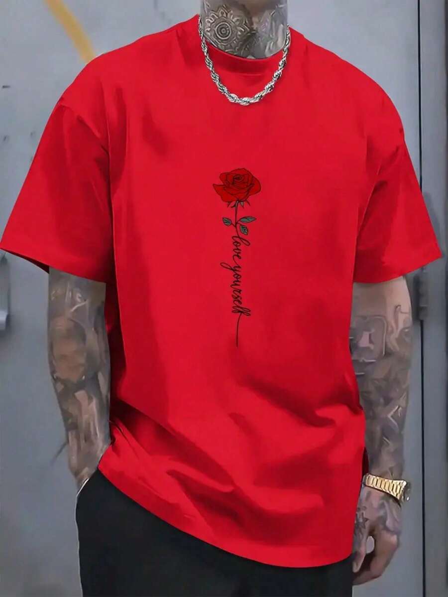 Men's PINK Love Yourself Print T-Shirt Launching 2025 Casual Fashion Short Sleeve Shirt 100% Cotton In Premium Mesh Launching - 紅色 - 查看 1