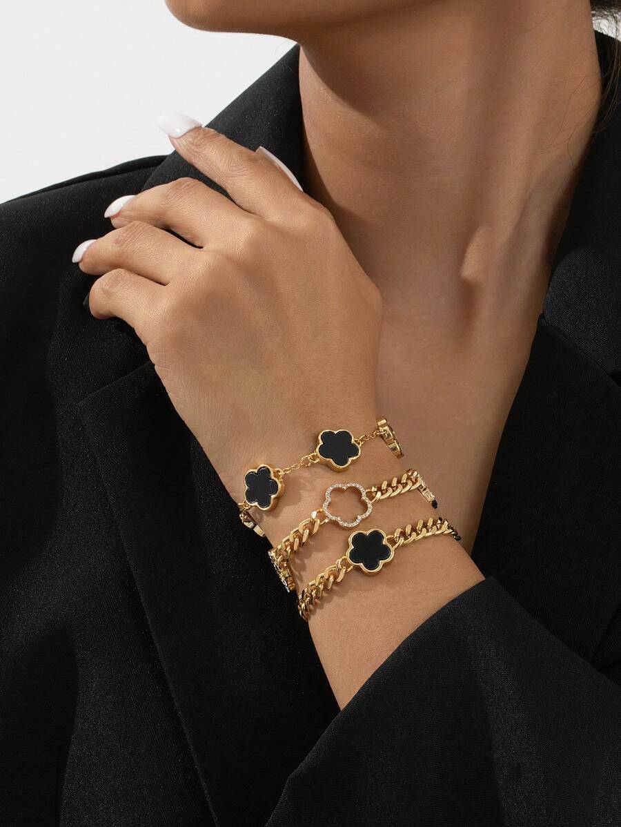 3pcs Rhinestone Decor Thick Chain Black Clover Charms Women Bracelet Set - Black - View 1