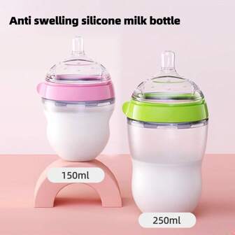 1pc Silicone Baby Bottle With Wide Mouth, Anti-Colic, Shatterproof, High Temperature Resistant, Suitable For 0-6-12+ Months Babies