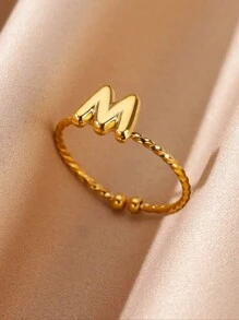 Cute Chunky Stainless Steel Intial Rings For Women Girls Open Adjustable Gold Color Letter Ring Female Alphabet Jewelry Gift - Yellow Gold - View 3