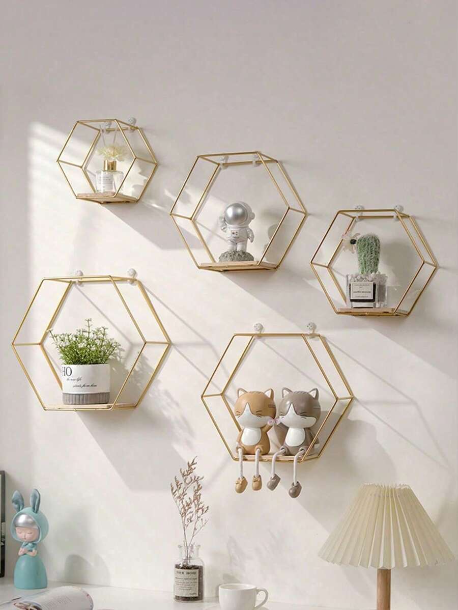3 Peças/1 Peça Prateleira de Parede Hexagonal Dourada, Decoração de Parede de Móveis, Estante de Armazenamento, Suporte para Exposição de Livros, Estante de Armazenamento de Metal