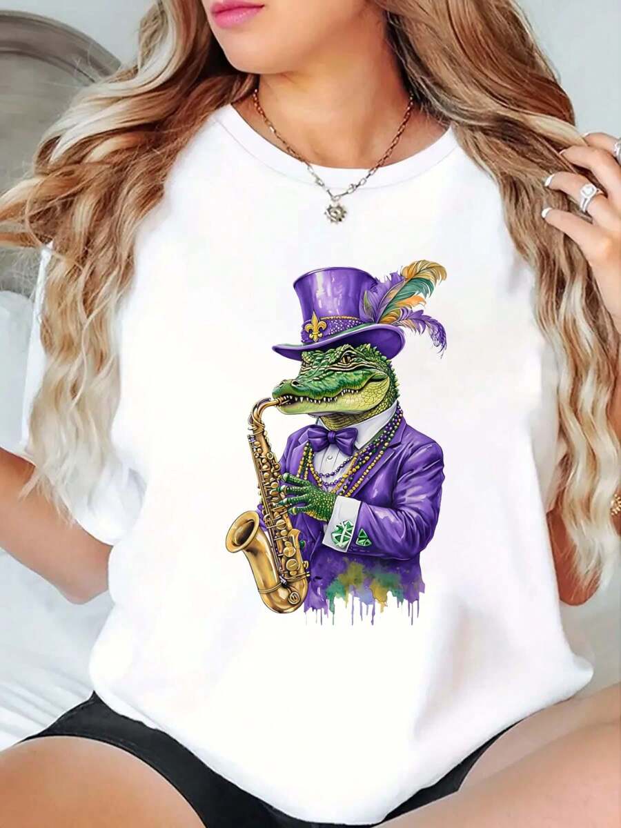 Mardi Gras Alligator Saxophone Mardigator Costume Men Women T-Shirt Print Crew Neck T-Shirt For Summer, Women's Soft Short Sleeve Top, Stylish Comfy Tee For Women Graphic Tees - trắng - Xem 1