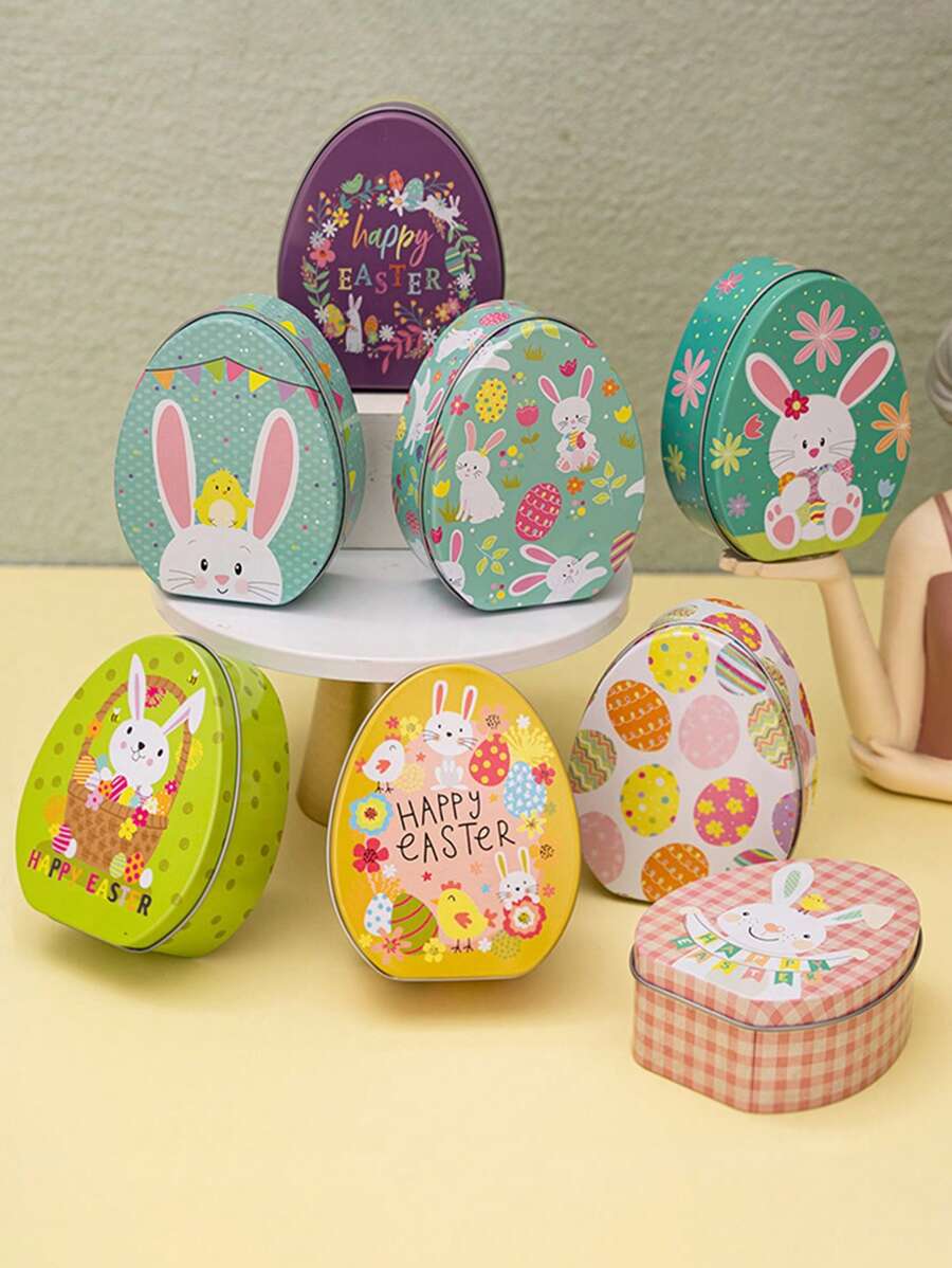 1 Peça Lata de Doces de Coelho da Páscoa no Estilo de Desenho Animado, Caixa de Presente de Lata de Ovo Plano de Coelho Decoração de Páscoa, Caixa de Doces, Caixa de Presente de Feriado, Fofa Caixa de Doces de Coelho da Páscoa, Itens Decorativos para Feriado de Páscoa, Organizadores e Armazenamento Domésticos, Acessórios Domésticos - Multicolorido - Visão 1