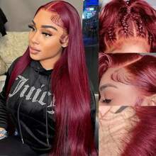 34 Inch 99j Burgundy Red 13X4 Straight Lace Front Wigs Human Hair 99J 13X4 Transparent Lace Frontal Wigs Glueless Pre Plucked With Baby Hair Wigs For Women 200% Density - S99J - 查看 4