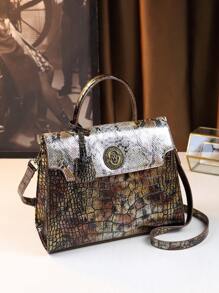 Vintage Snake Retro Pattern Female Handbag, Practical Commuter Crossbody Bag With Flap, Crocodile Texture - Coffee Brown - View 1