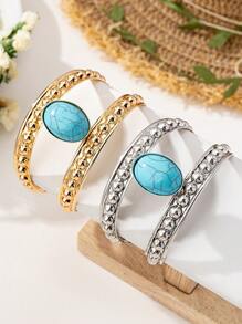 1 chiếc vòng tay kim loại kiểu Bohemian đính đá giả ngọc lam, thích hợp cho phụ nữ dự tiệc, đi chơi và đeo hàng ngày. - Vòng tay cổ điển - Xem 5