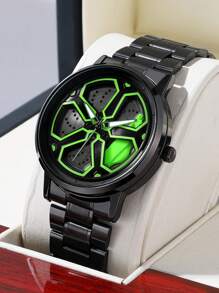 VA VA VOOM 1 Peça Relógio de Quartzo para Homens com Pulseira de Aço Inoxidável Preta, Mostrador do Carro Mi, Relógio Esportivo nas Cores Verde, Vermelho, Amarelo e Branco, Casual Esportivo 42mm, Presente Minimalista Marca Va Va Voom, Movimento de Quartzo Original para Homens