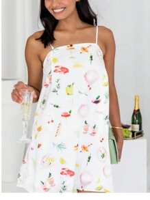 Women Slip Dress, Spaghetti Straps Backless Graphic Print A-Line Dress Summer Mini Dress - 白色1 - 查看 3