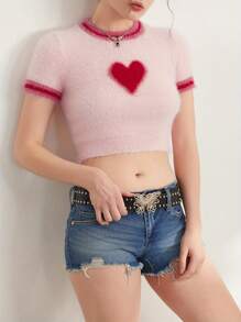 Women's Plush Crop Tops Short Sleeve Crewneck Heart/Cherry/Star Print Short T-Shirt - 粉色 - 查看 5