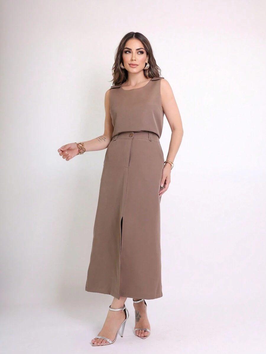 TAILORING SET OF BLOUSE AND MIDI SKIRT - Mocha Brown - View 1