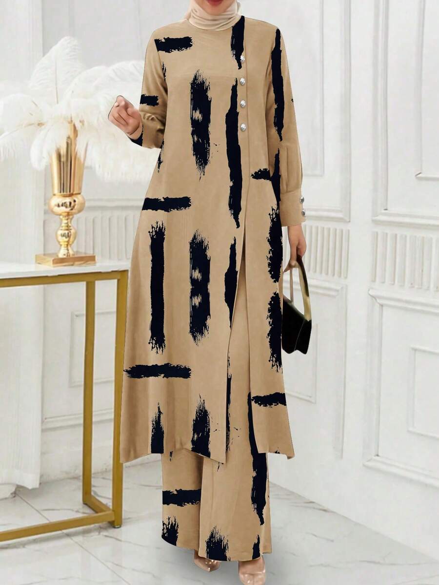 Conjunto de 2 piezas de top de manga larga con botones delanteros y pantalones, estilo árabe, unicolor, para mujer