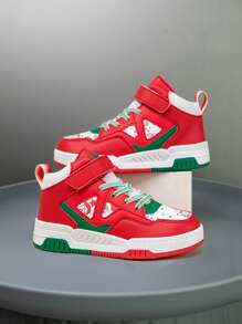 1 Paar Kinder High Top Sneaker, PU Leder Sportschuh, Indoor Outdoor Lässig Laufschuh, leicht an- und ausziehbar mit Klettverschluss, leicht, rutschfest, atmungsaktiv, bequem, modischer unisex Retro Stil - Rot - Übersicht 2