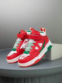 1 Paar Kinder High Top Sneaker, PU Leder Sportschuh, Indoor Outdoor Lässig Laufschuh, leicht an- und ausziehbar mit Klettverschluss, leicht, rutschfest, atmungsaktiv, bequem, modischer unisex Retro Stil - Rot - Übersicht 3