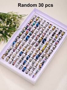 5/10/20/30/50/100 件时尚休闲街头嘻哈混合不锈钢男士戒指（尺寸和款式随机） - 彩色 - 查看 16