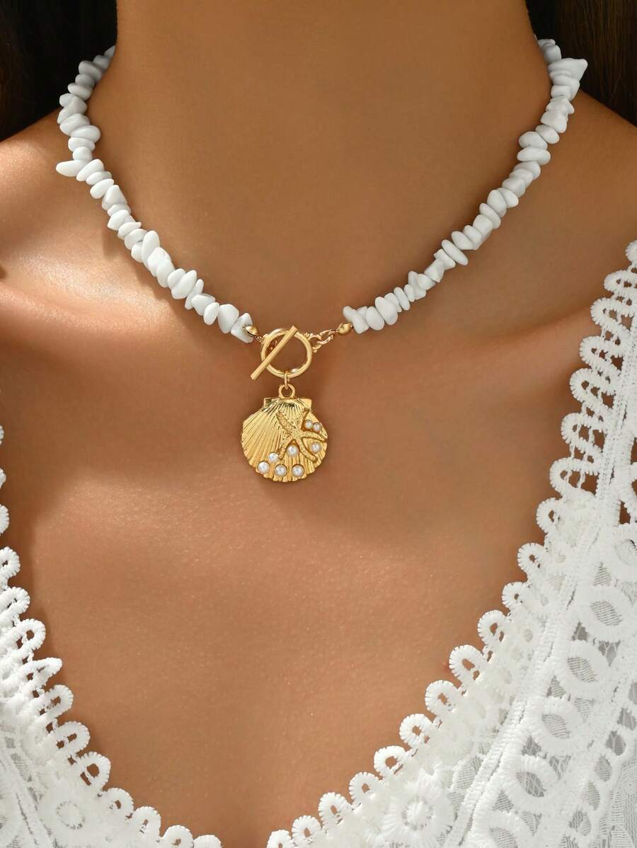 1 件时尚白色宝石串珠项链，迷人金属质感贝壳表面嵌入人造珍珠海星吊坠项圈，适合女性日常穿着、装饰、节日派对、旅行 - 貝殼 - 查看 1
