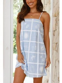 Women Slip Dress, Spaghetti Straps Backless Graphic Print A-Line Dress Summer Mini Dress - 天藍色 - 查看 1