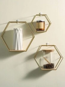 Juego de 3 repisas de pared hexagonales doradas, estantería y organizador de almacenamiento de hierro art para decoración colgante, estantería y soporte de adornos