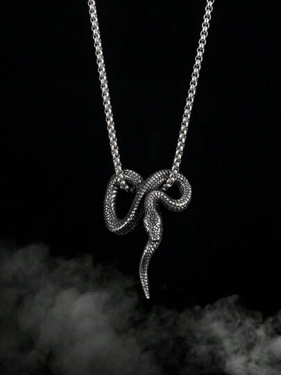 1 件复古时尚个性化仿古银色蛇形吊坠项链项链，朋克风格，适合男士日常佩戴街头风格