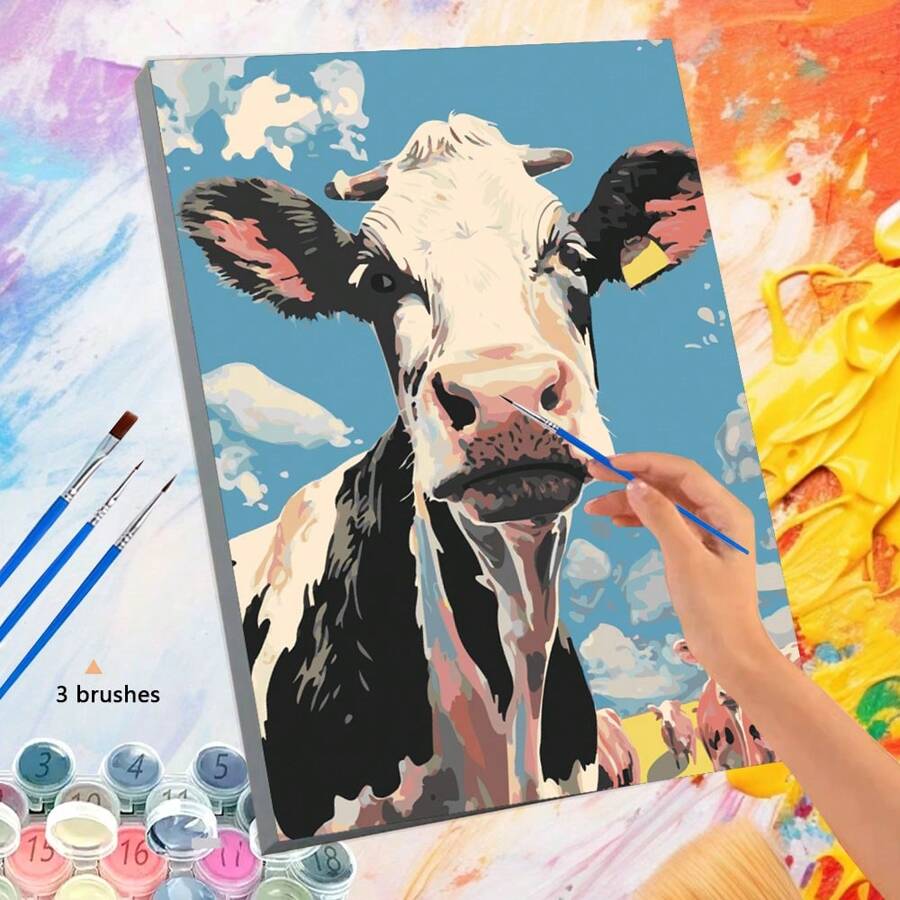 1 套 40*50 厘米可爱奶牛天空帆布油画套装，配有编号图案、颜料、画笔，非常适合初学者和成人墙面装饰、家居装饰和节日礼物 - 40*50cm - 查看 1