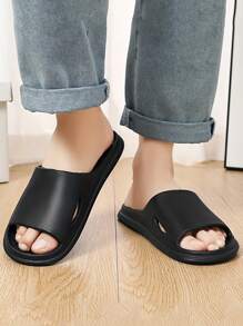 Women's Fashionable Versatile Casual Soft Minimalist Design Black Matte Quiet Thick Sole Non-Slip Odor-Resistant EVA Material Slip-On House Slippers, New Bestseller Of All Seasons