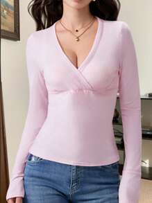 Women Y2k Fairy Grunge Shirt Top Long Sleeve Wrap V-Neck Tunic T-Shirts Pullover Tops Vintage Going Out Tees Tops Aesthetic Clothes E-Girl 2000s Streetwear - 粉色 - 查看 1