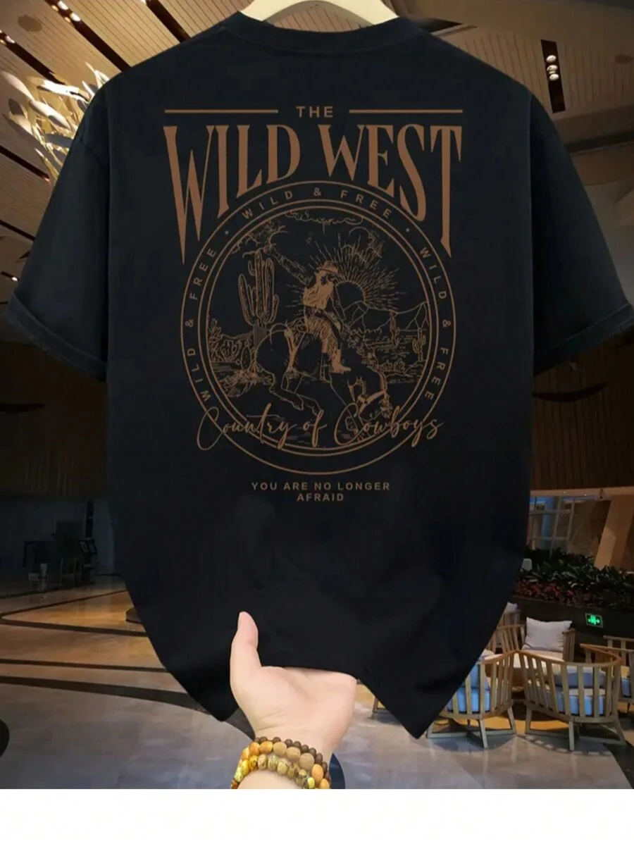 Men's Cotton T-Shirt Adult Plus Size Kids Wild West Country Cowboy Streetwear Over Fashion Premium - 黑色 - 查看 1