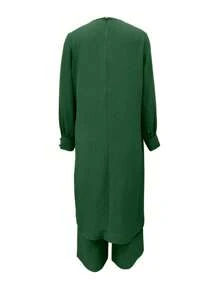 Women Button Decor Solid Color Long Sleeve Arabic Style Top & Pants Set, Modest - Dark Green - View 2