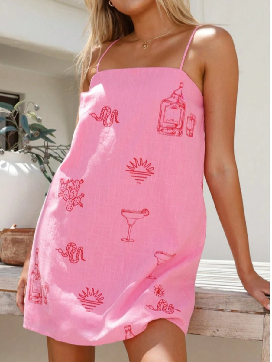 Women Slip Dress, Spaghetti Straps Backless Graphic Print A-Line Dress Summer Mini Dress - Hồng - Xem 1