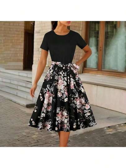 Vestido de cuello redondo con estampado floral para mujer,Elegante vestido de manga corta con cinturón