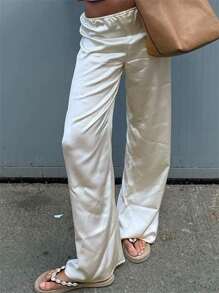 Women's Casual Wide Leg Dress Pants Elastic Waist Solid Color Satin Pants Work Trousers - 杏色 - 查看 3