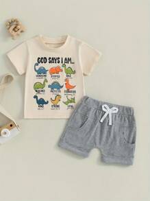 Summer Outfits Dinosaur Letter Print Round Neck Short Sleeve Tops With Solid Shorts Outfit - Beige - View 4
